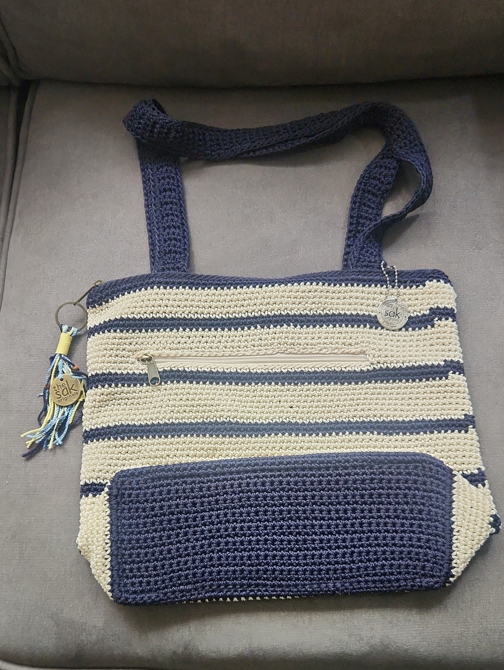 The Sak Navy and Cream Striped Crochet Tote